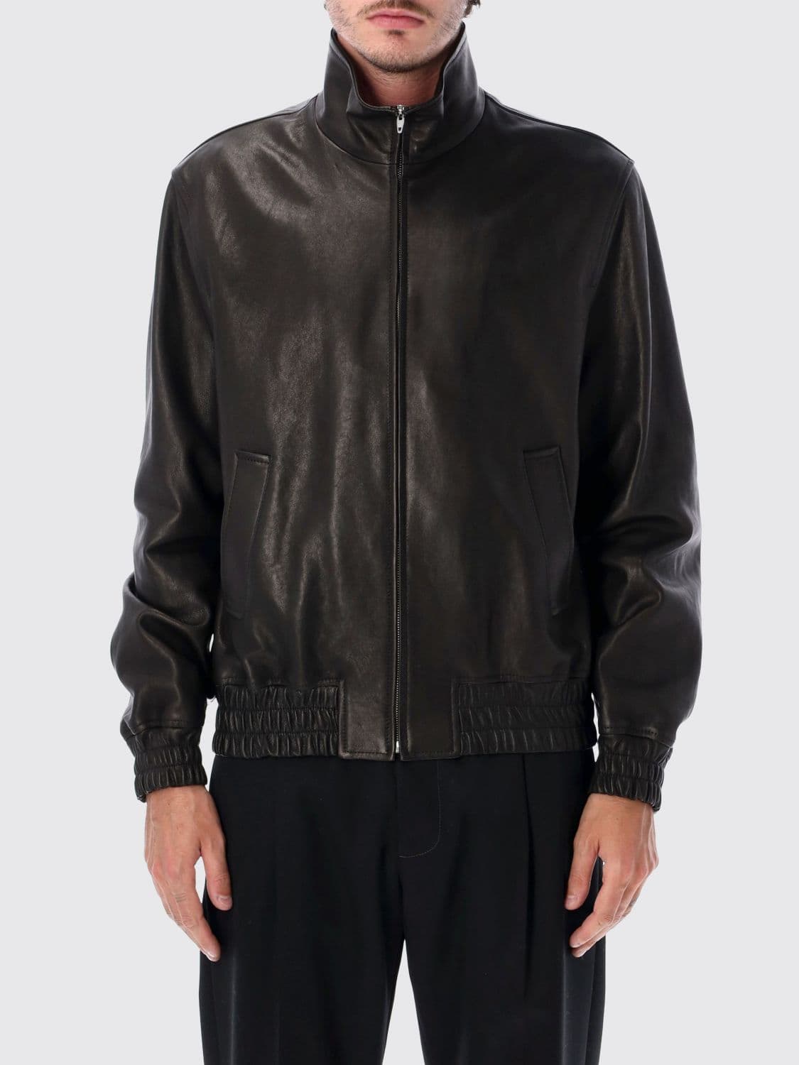 Valentino Garavani Smooth Calfskin Leather Bomber Jacket with High Neck