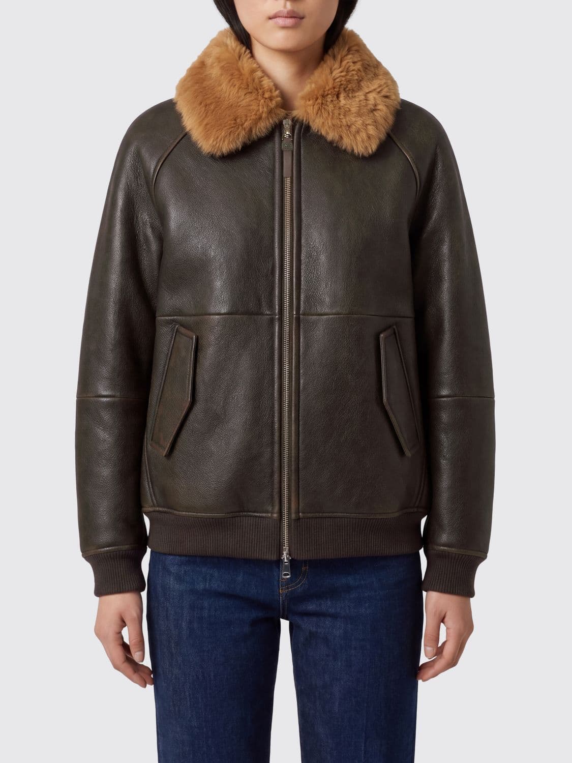 Brunello Cucinelli Cropped Lambskin Bomber Jacket with Fur Collar
