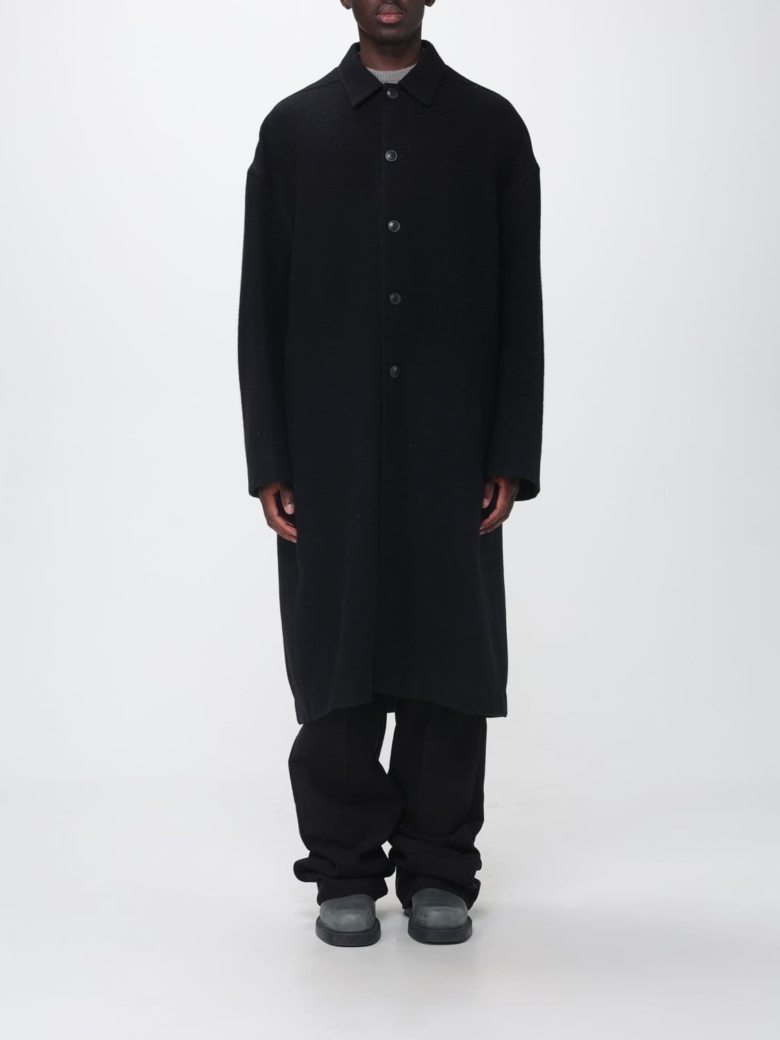Rick Owens Single-Breasted Long Coat in Merino Wool with Dropped Shoulders