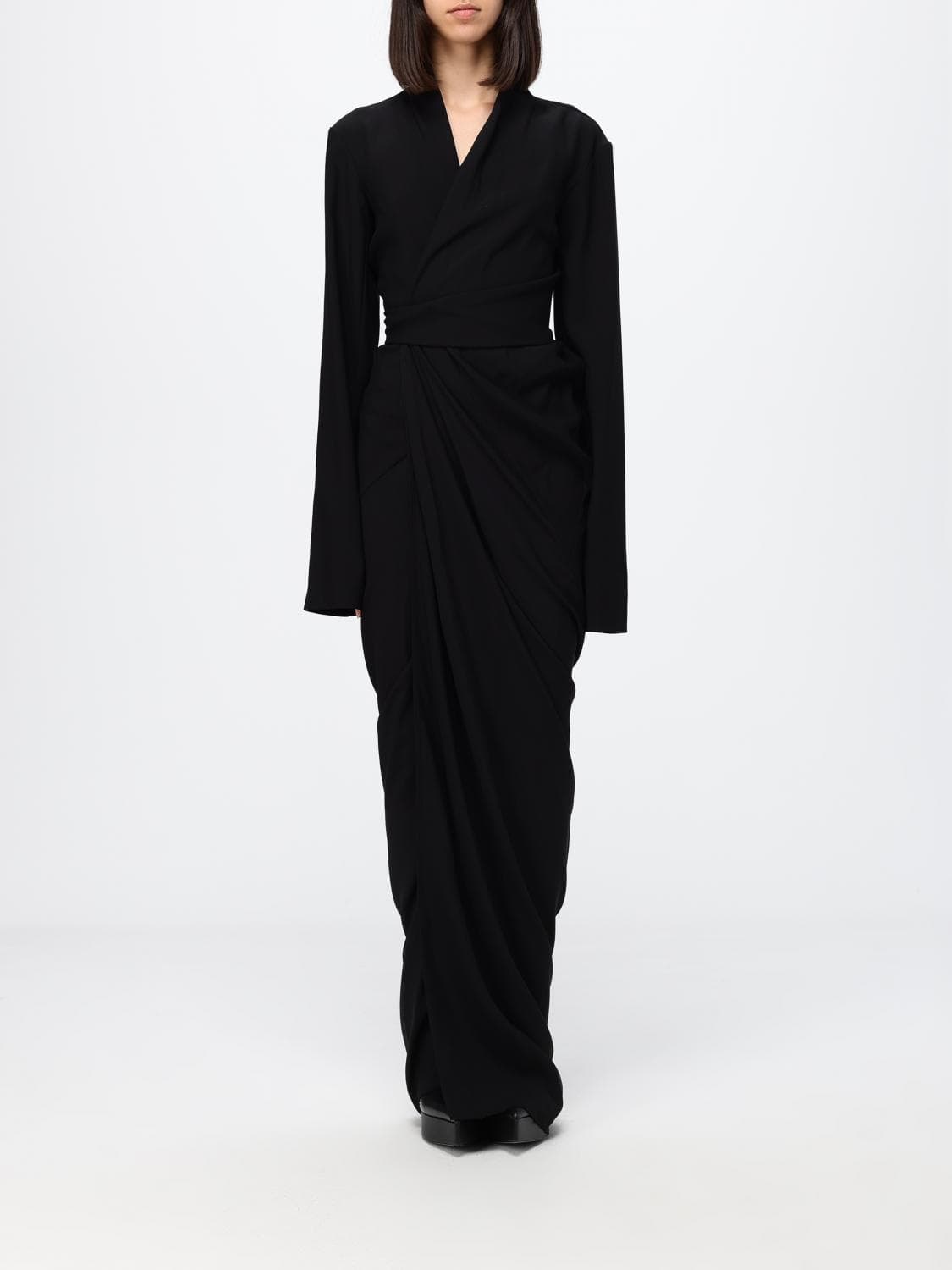 Rick Owens Asymmetrical Draped V-Neck Long Evening Gown
