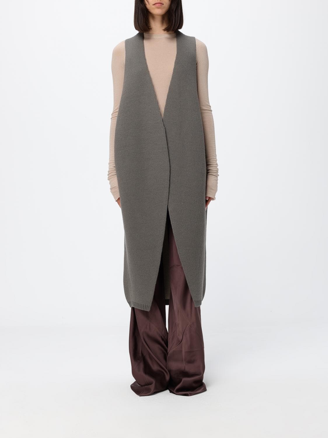 Rick Owens Long Cashmere Knit Waistcoat with Deep V-Neck
