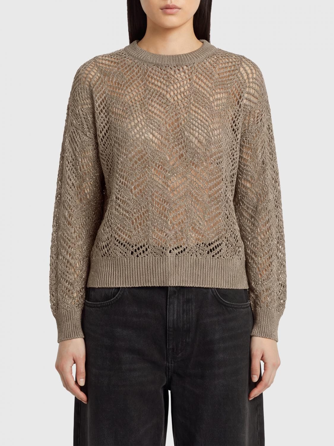Brunello Cucinelli Crew Neck Jumper in Openwork Mohair with Long Sleeves