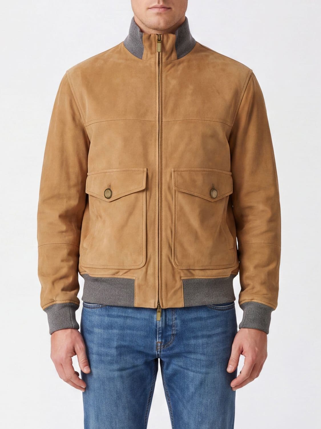 Brunello Cucinelli Suede Lambskin Bomber Jacket with High Neck