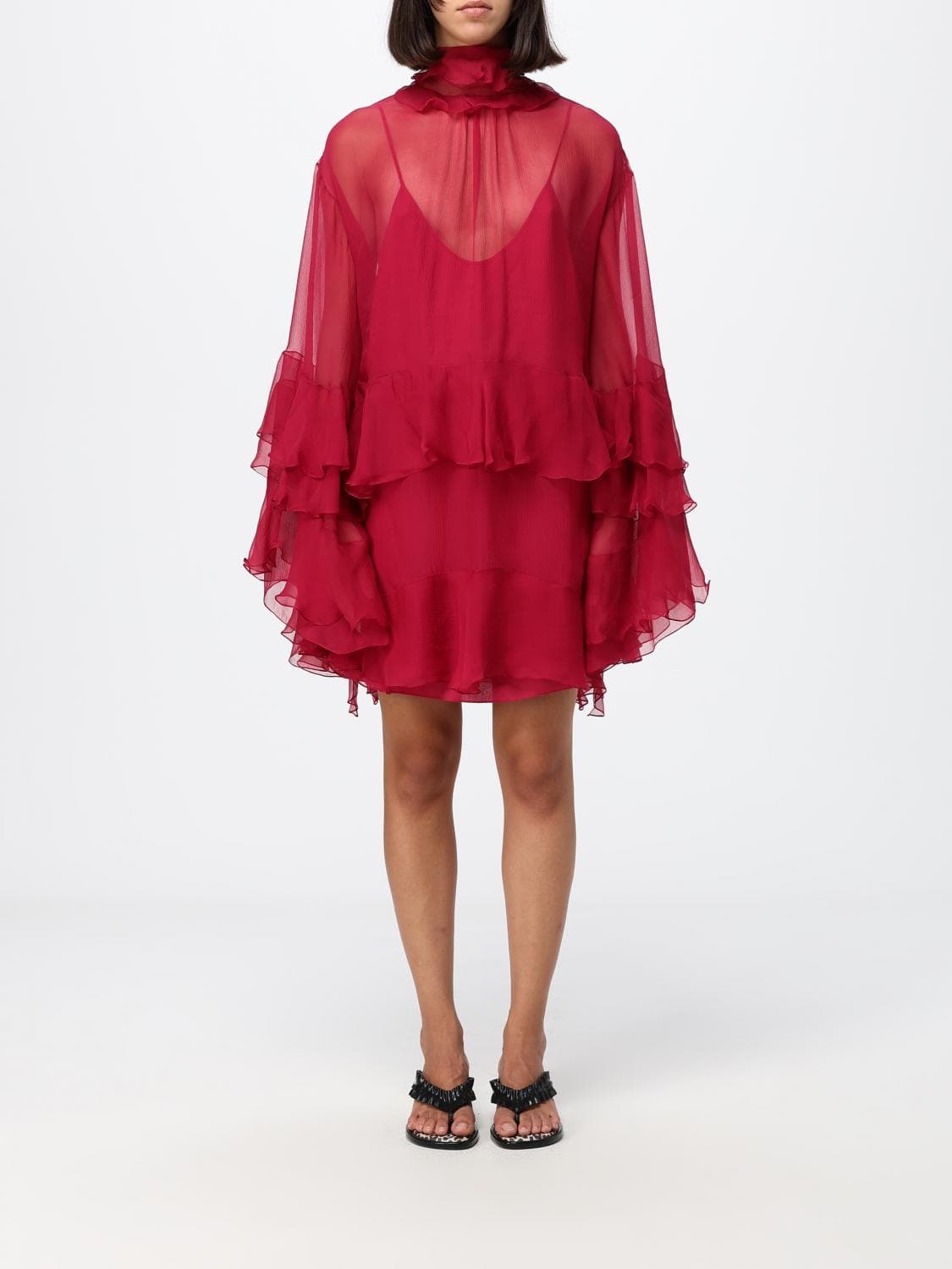 Chloé High-Neck Silk Mini Dress with Long Sleeves and Ruffle Details