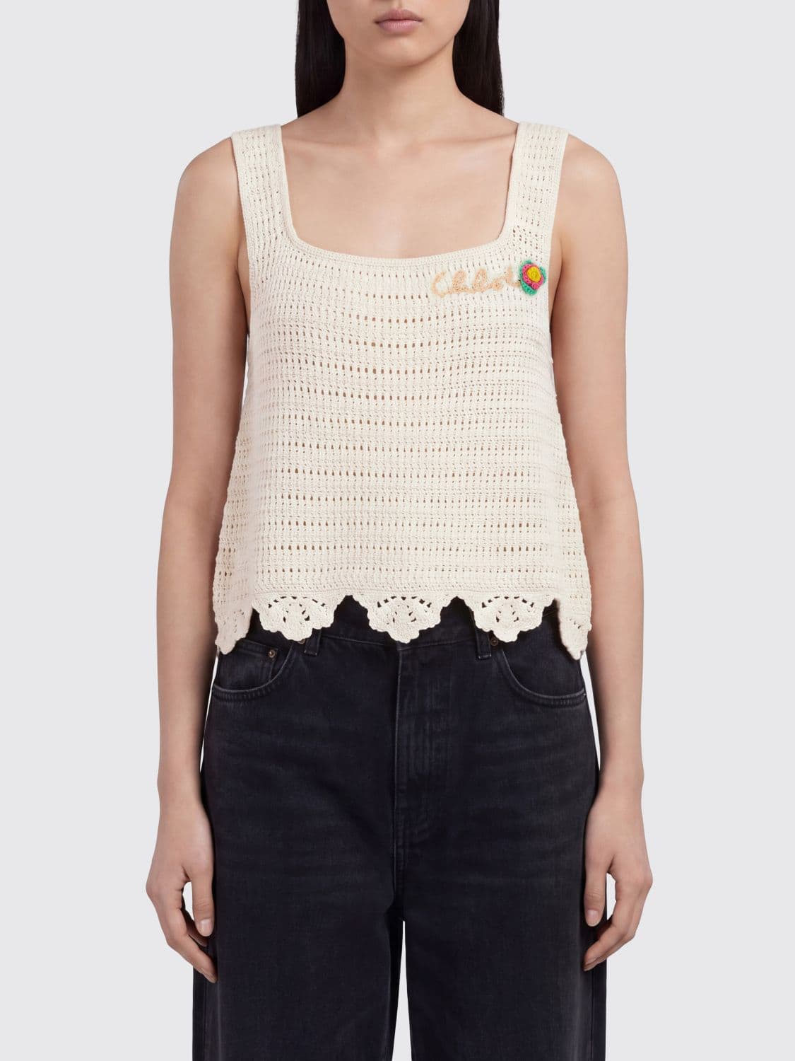 Chloé Off-the-Shoulder Crochet Top in Cotton with Square Neck · M