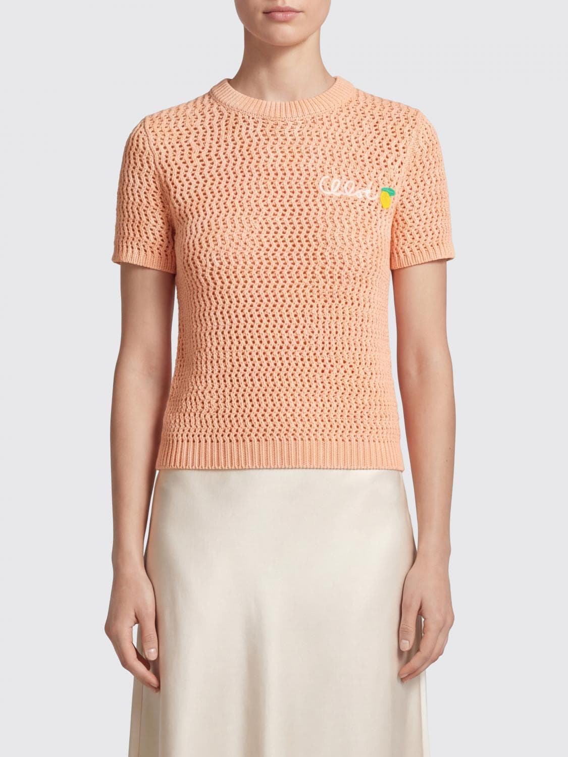 Chloé Slim Fit Short-Sleeved Cotton Knit Top with Embroidered Logo