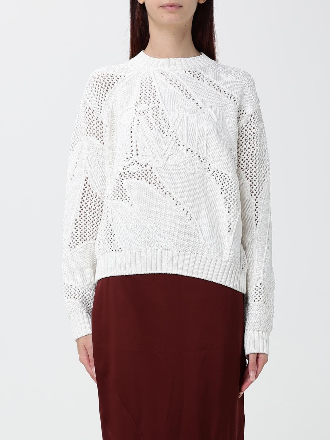 Max Mara Openwork Cotton Crew-Neck Jumper with Embroidered Monogram