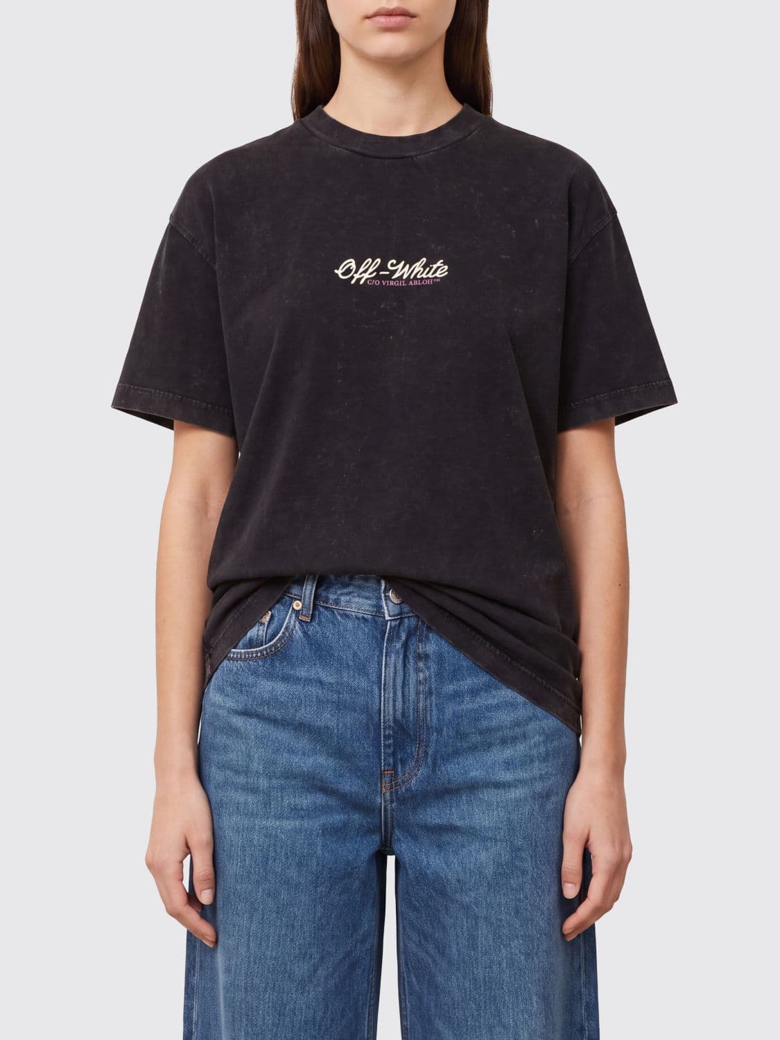 Off-White Cotton T-Shirt with Graphic Logo Print on the Front