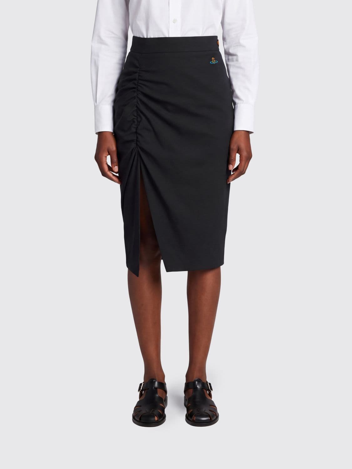 Vivienne Westwood Midi Pencil Skirt in Draped Satin with Front Slit