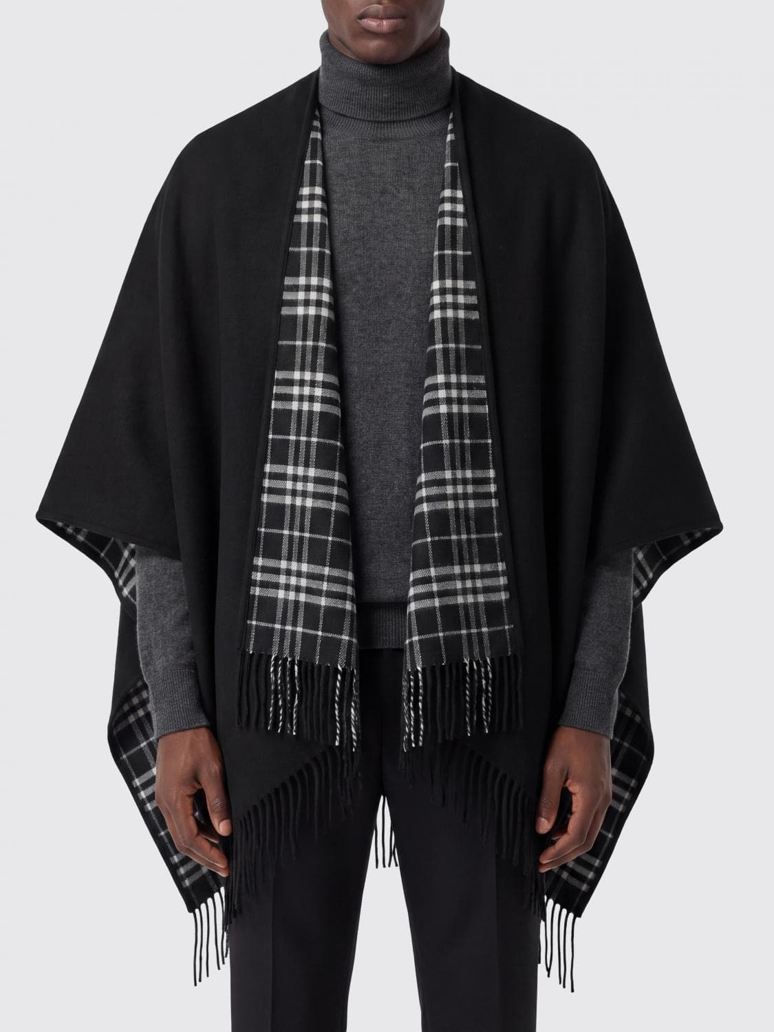 Burberry Asymmetrical Wool Cape with Check Pattern and Fringed Edges · OS