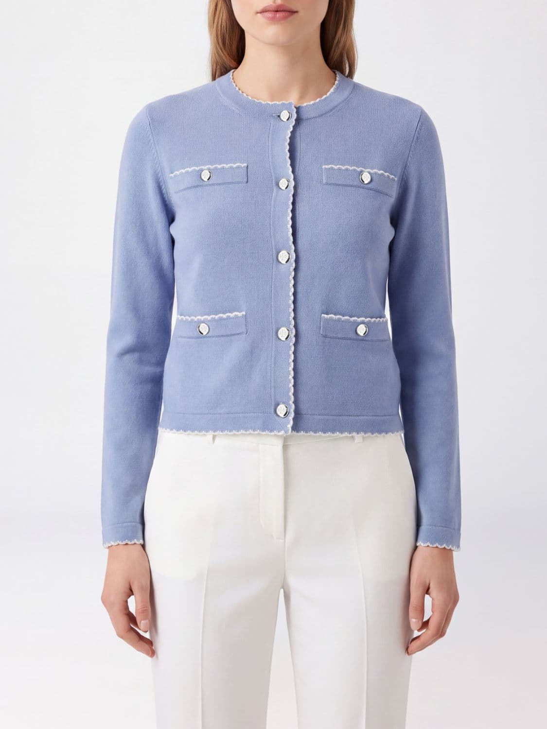 Tory Burch Slim Fit Wool Cardigan with Crew Neck and Patch Pockets