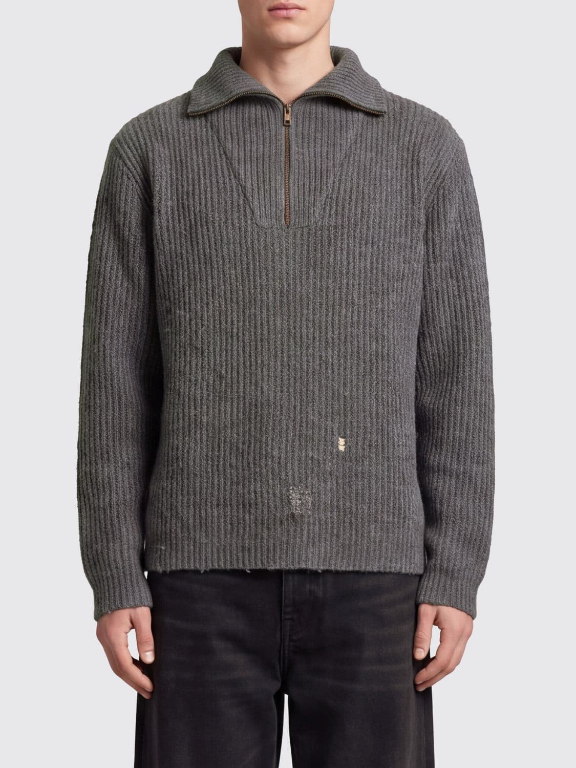 Maison Margiela Linen and Wool High Neck Jumper with Zip and Distressed Effect