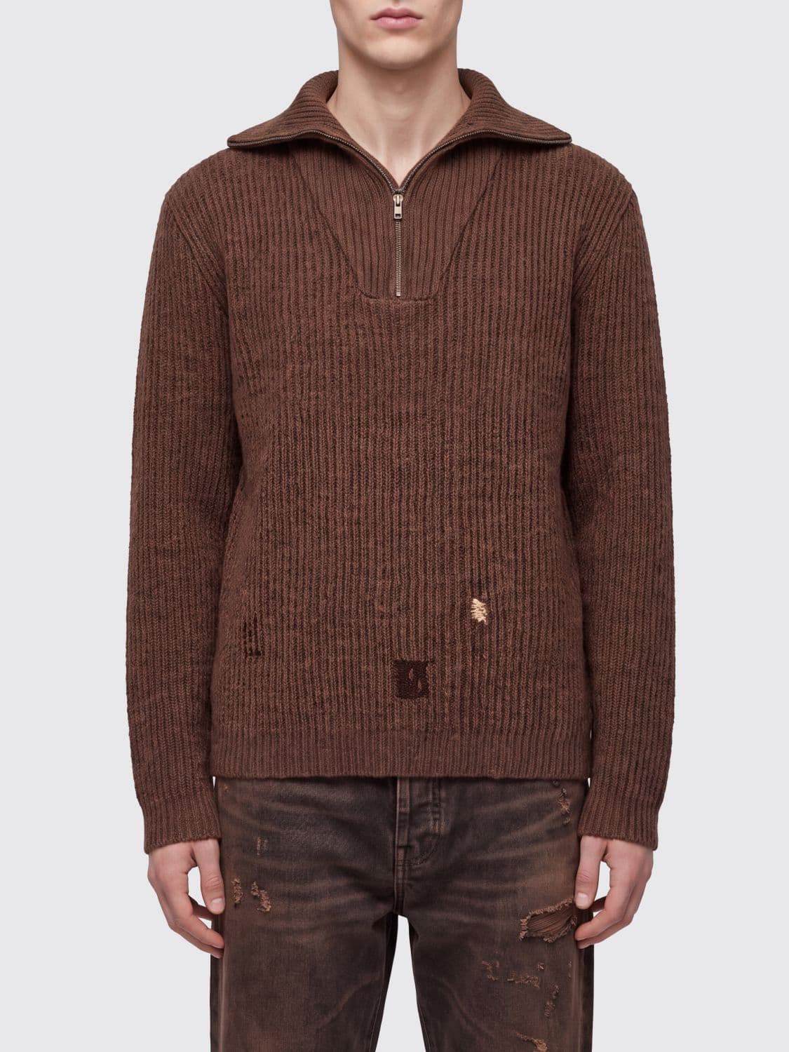 Maison Margiela Linen and Wool High Neck Jumper with Zip and Distressed Effect