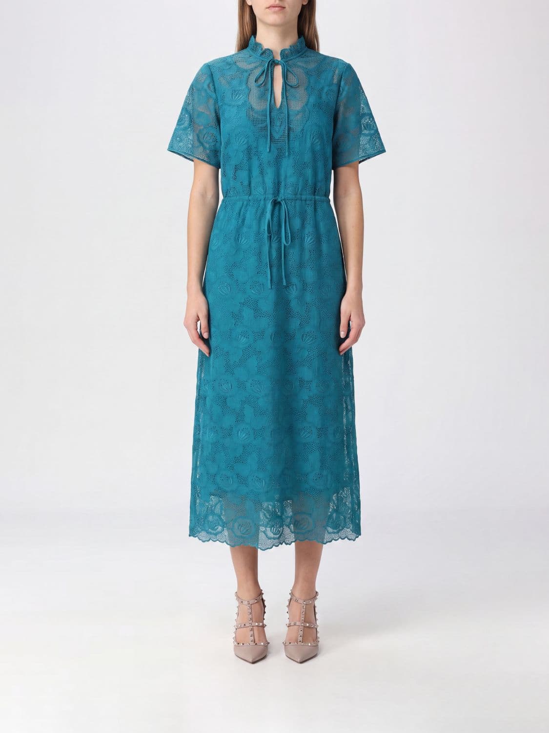 Valentino Garavani High-Neck Midi Dress in Cotton Lace