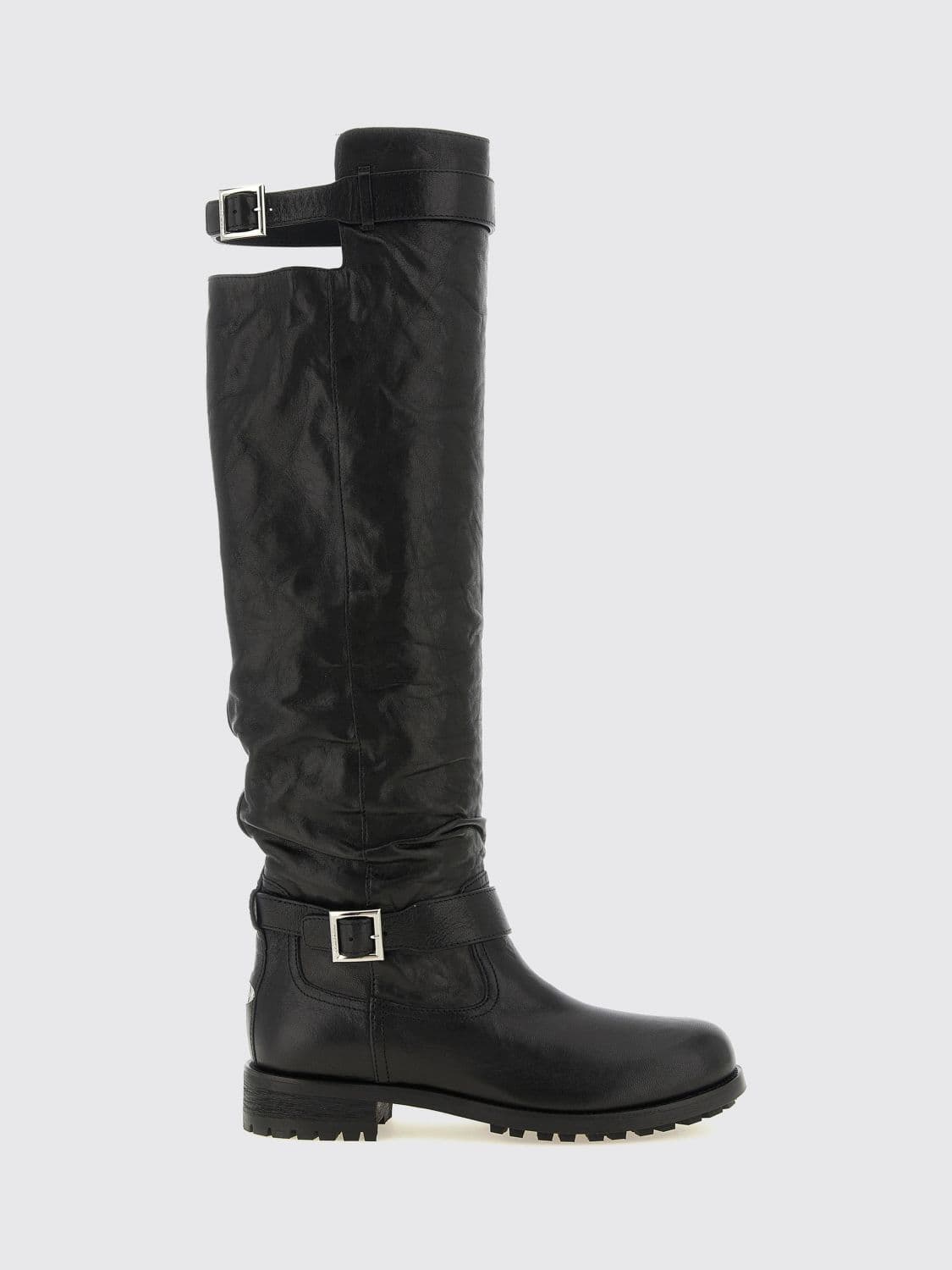 Jimmy Choo Knee-High Lambskin Leather Biker Boots with Round Toe