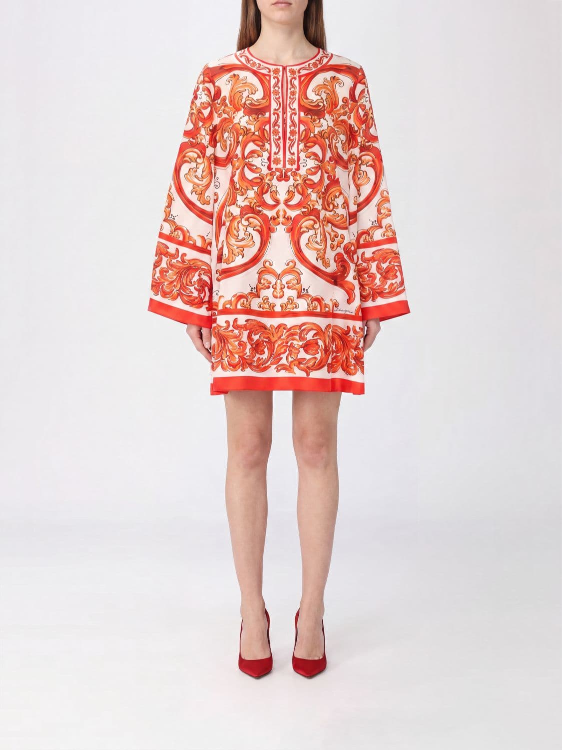 Dolce & Gabbana Short Silk Kaftan with All-Over Majolica Print