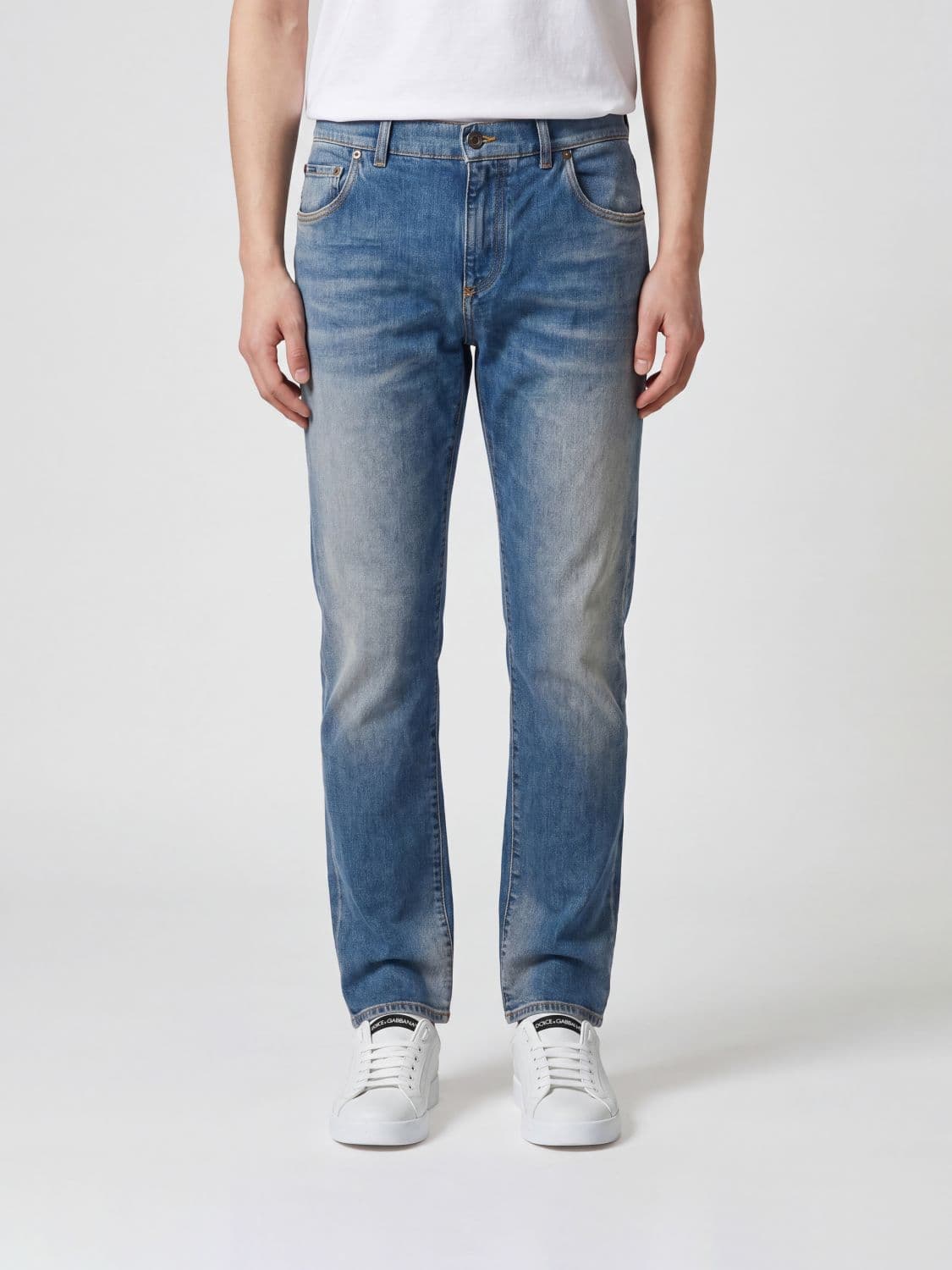 Dolce & Gabbana Slim Fit Cotton Denim Jeans with Logo Plaque