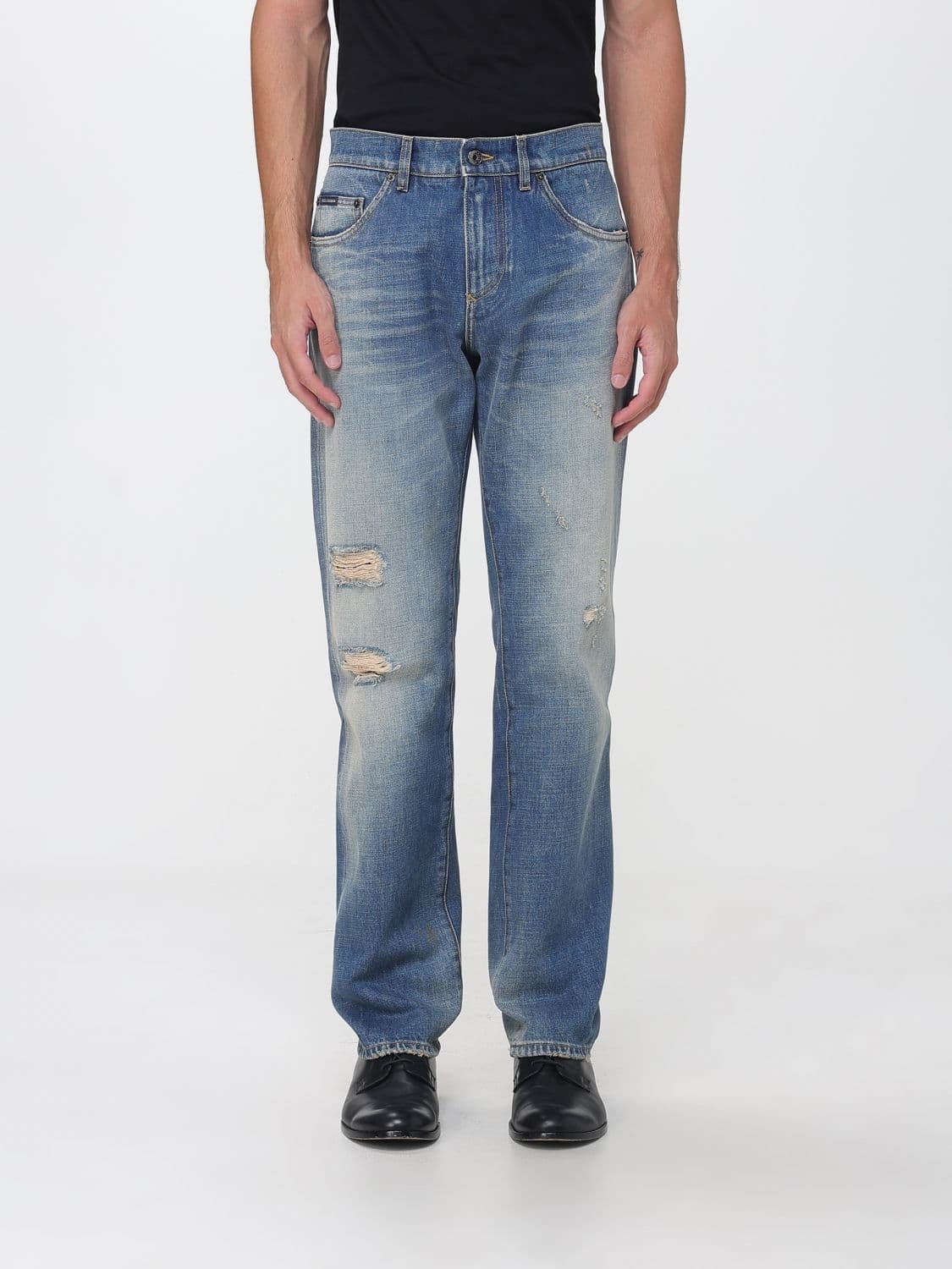 Dolce & Gabbana Straight Fit Mid-Rise Distressed Denim Jeans with Worn Effect