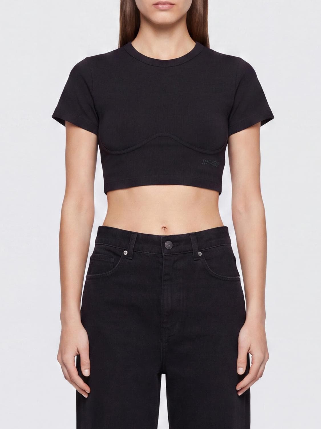 The Attico Cropped Corset-Style Cotton T-Shirt with Embroidered Logo