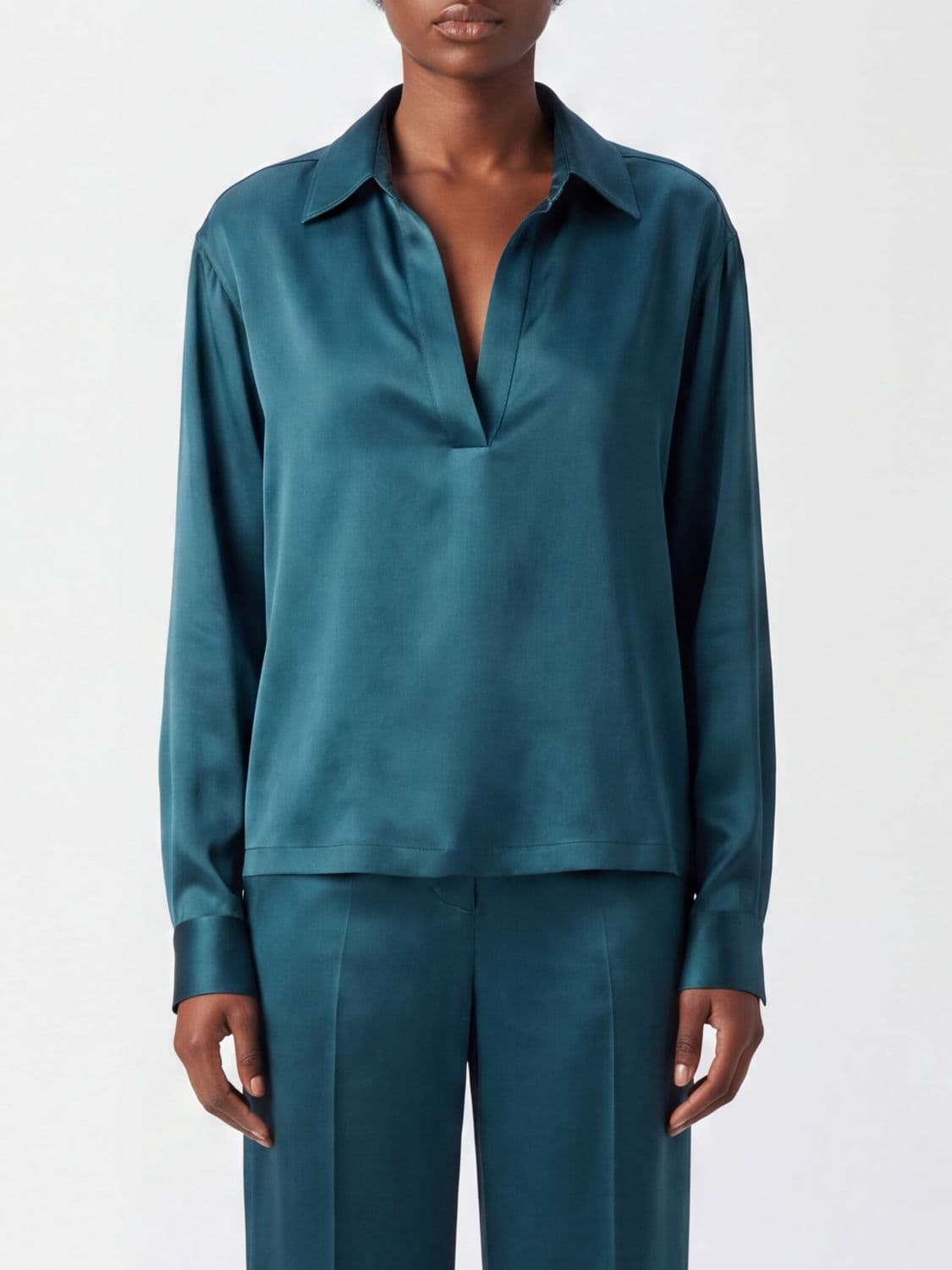 Tom Ford V-Neck Silk Blouse with Long Dropped-Shoulder Sleeves