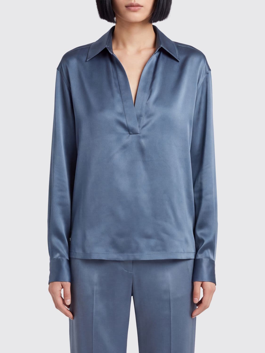Tom Ford V-Neck Silk Blouse with Long Dropped-Shoulder Sleeves