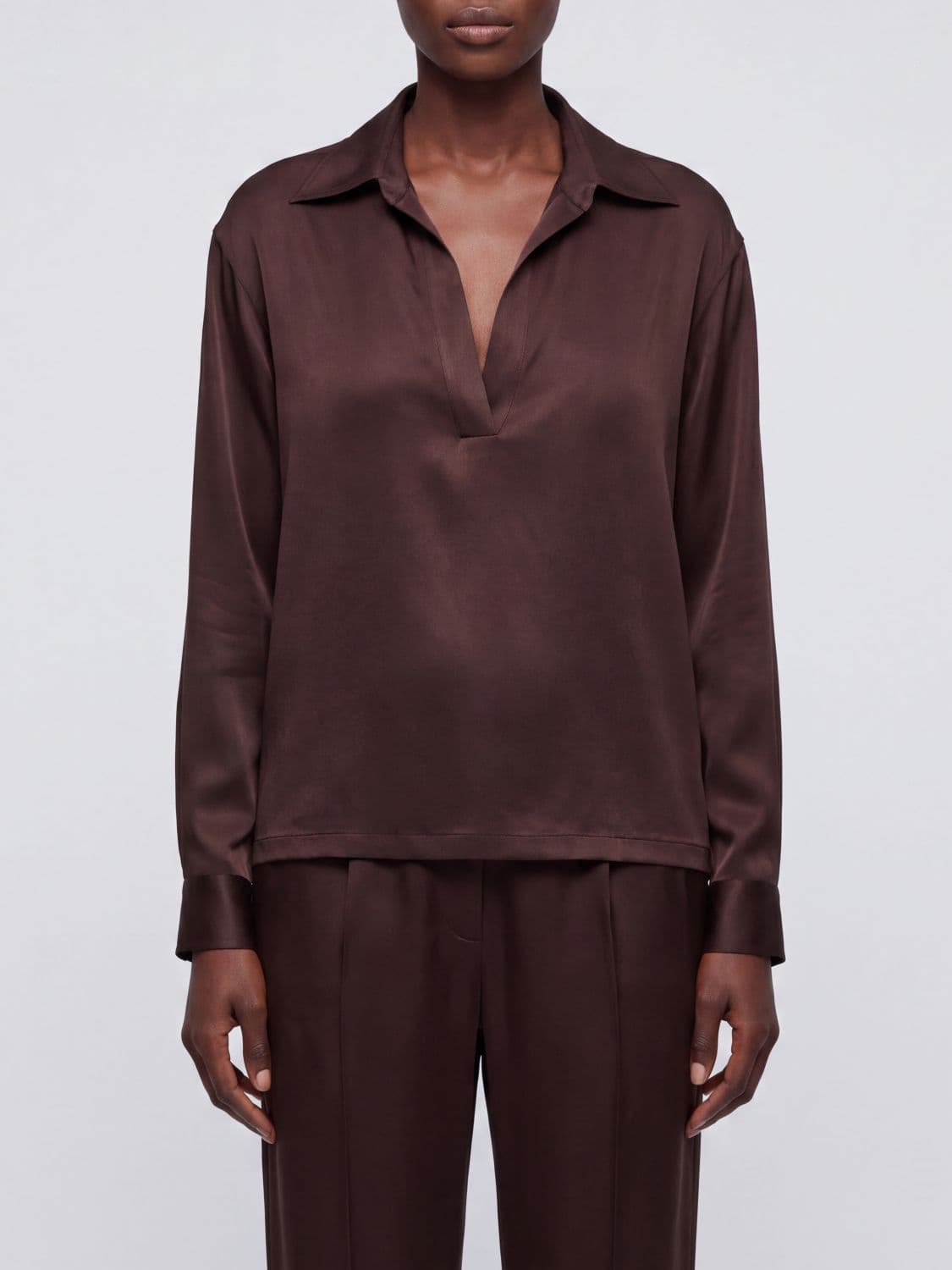 Tom Ford V-Neck Silk Blouse with Long Dropped-Shoulder Sleeves