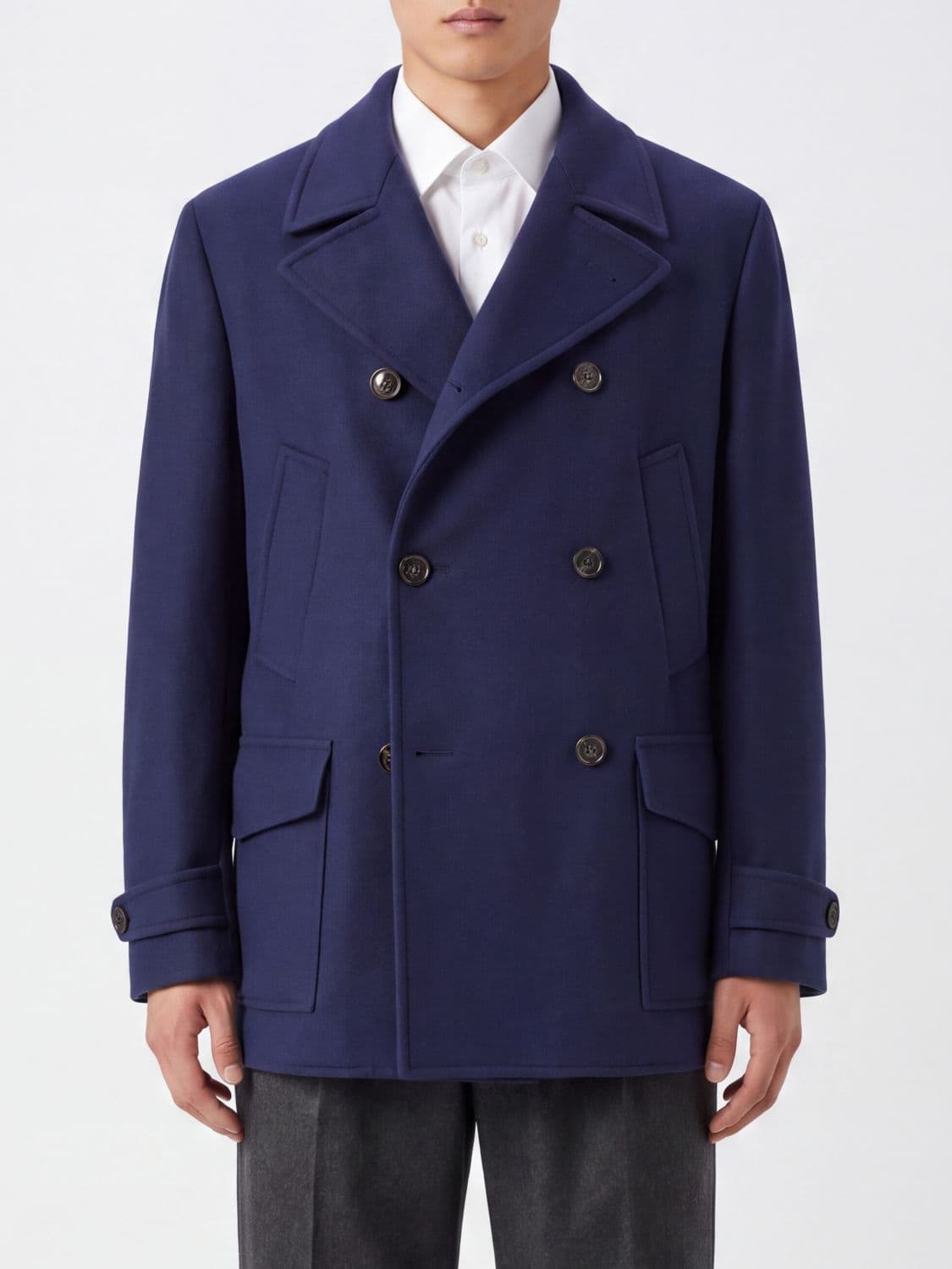 Brunello Cucinelli Double-Breasted Caban Coat in Pure Merino Wool with Lapels