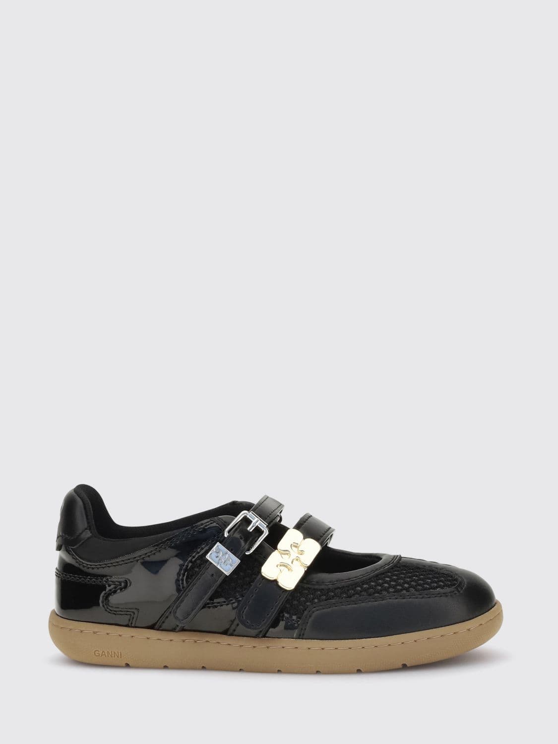 Ganni Sue Mary Jane Ballet Flats with Velcro Strap and Metallic Butterfly Logo