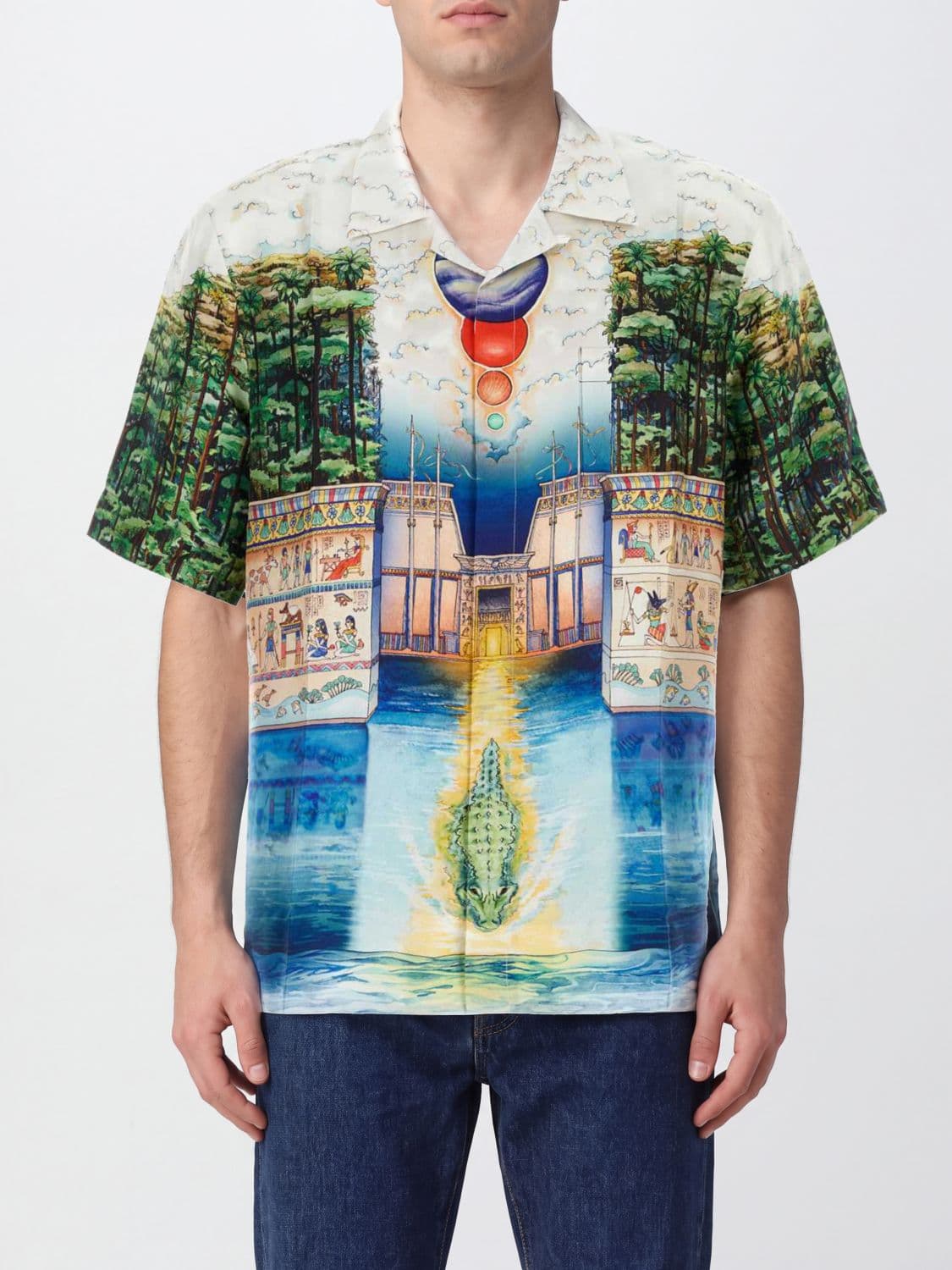 Casablanca Short-Sleeved Graphic Print Silk Shirt with Cuban Collar