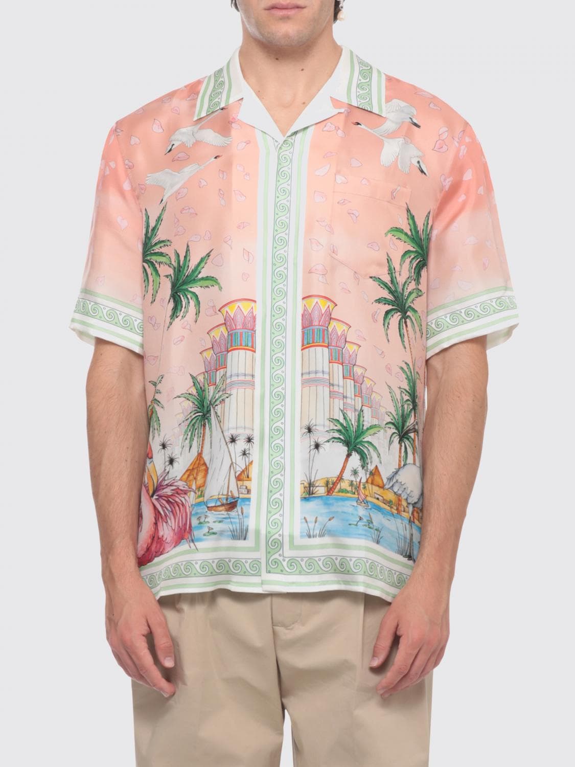 Casablanca Short-Sleeved Graphic Print Silk Shirt with Cuban Collar