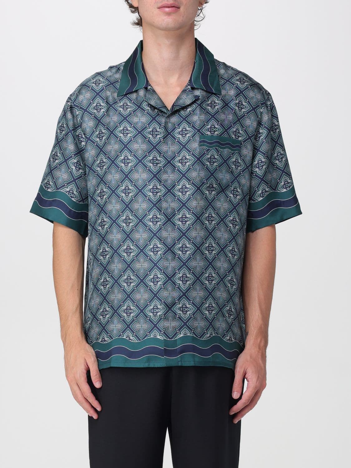 Casablanca Short-Sleeved Graphic Print Silk Shirt with Cuban Collar