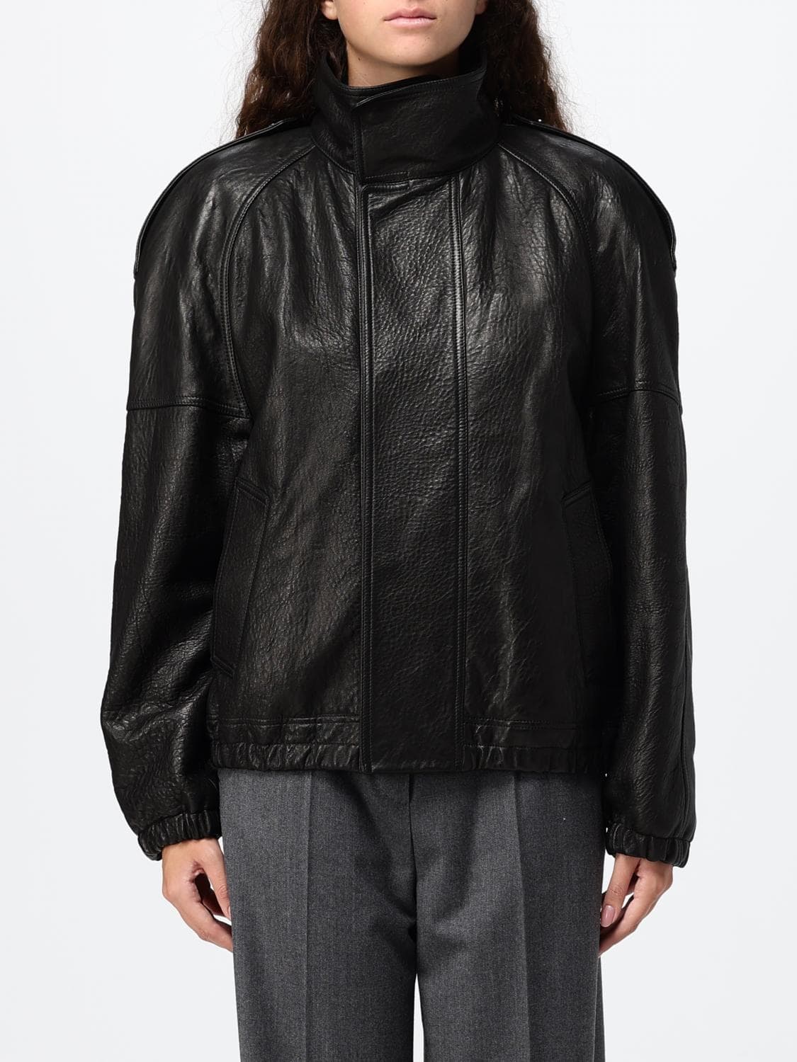 Saint Laurent Cropped Lamb Leather Jacket with Ruched Shoulders