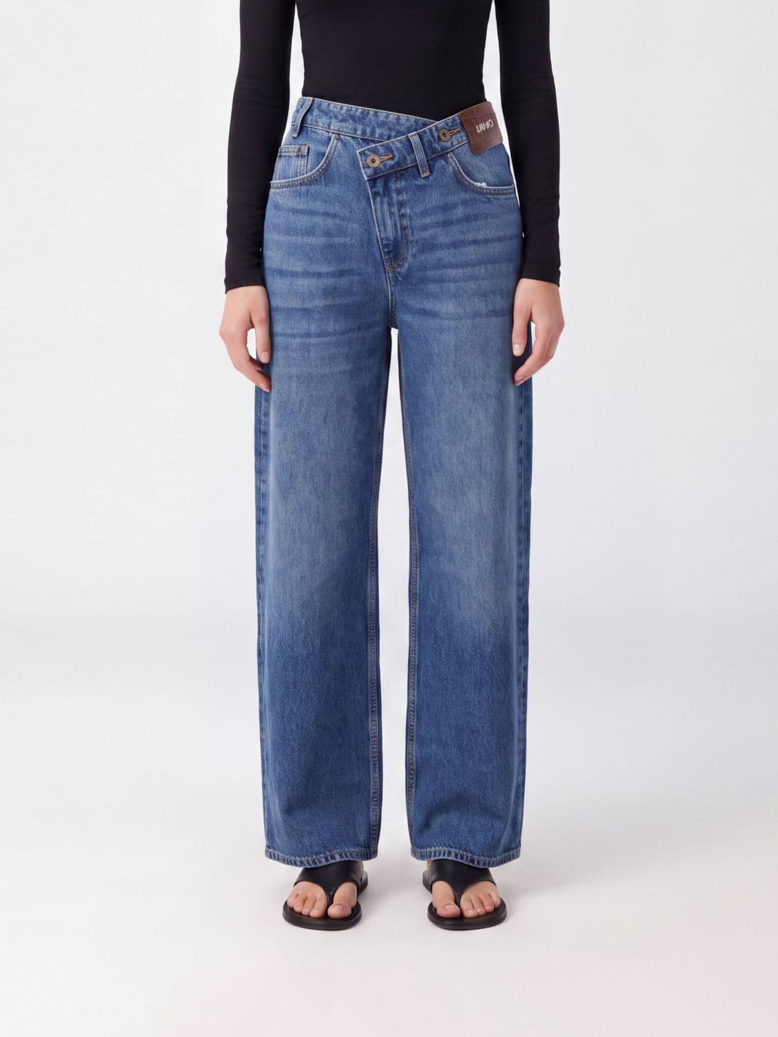 Liu Jo Mid-Rise Wide-Leg Jeans in Cotton Denim with Asymmetrical Design