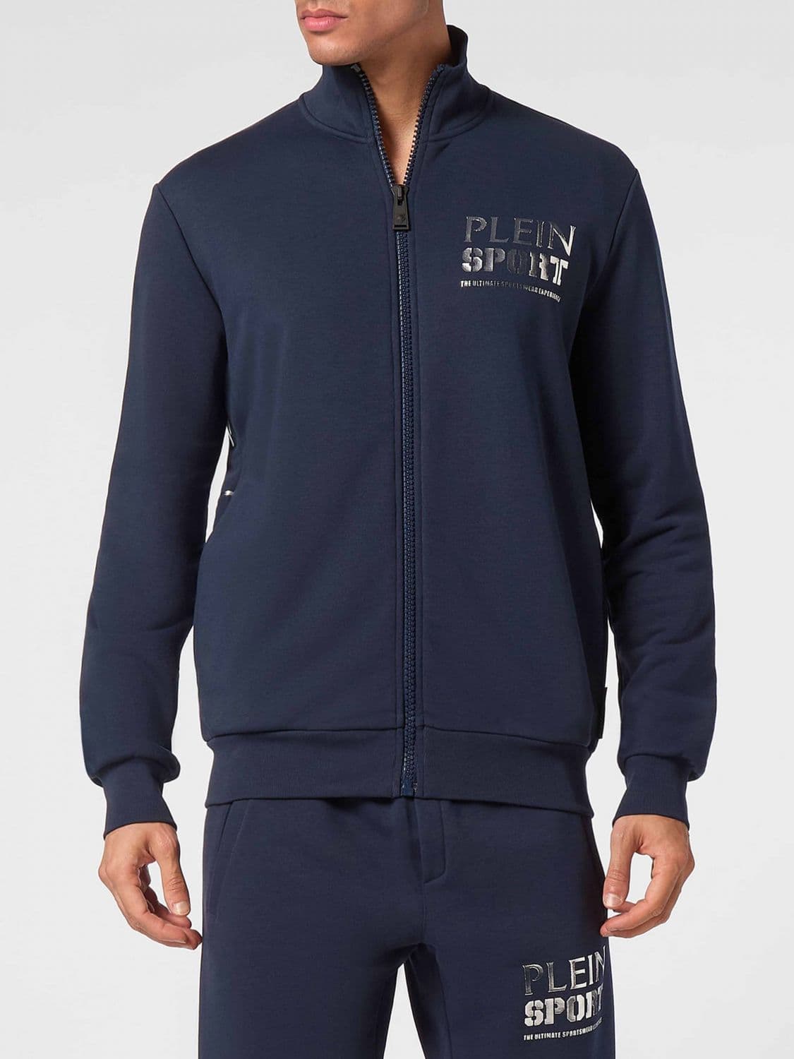 Plein Sport Tiger Zip-Up Sweatshirt in Jersey with High Neck and Laminated Logo