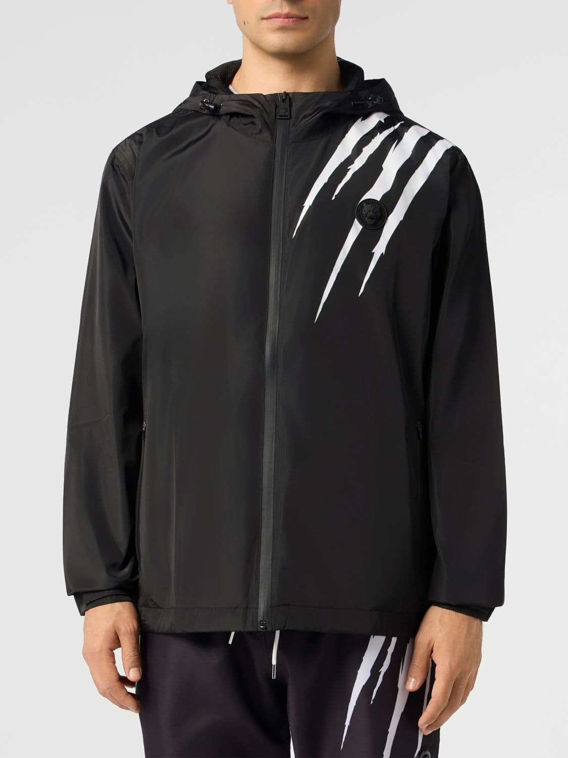 Plein Sport Nylon Windbreaker Jacket with Hood and Rear Contrast Logo