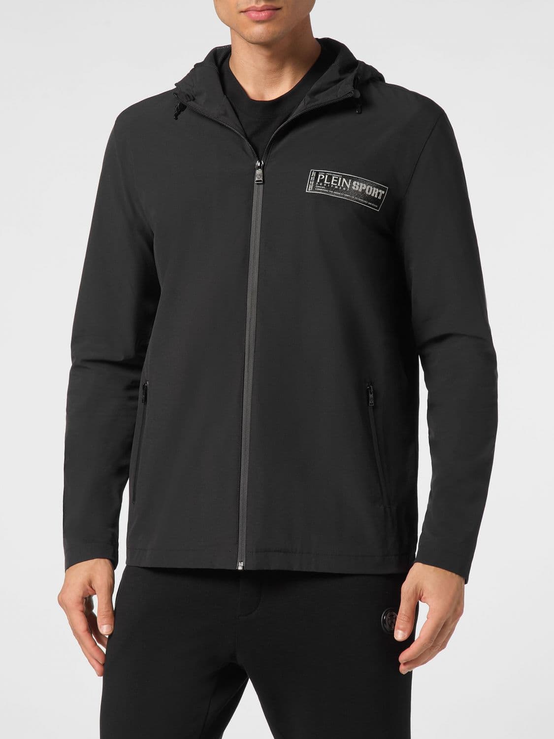 Plein Sport Nylon Windbreaker Jacket with Hood and Zipped Pockets