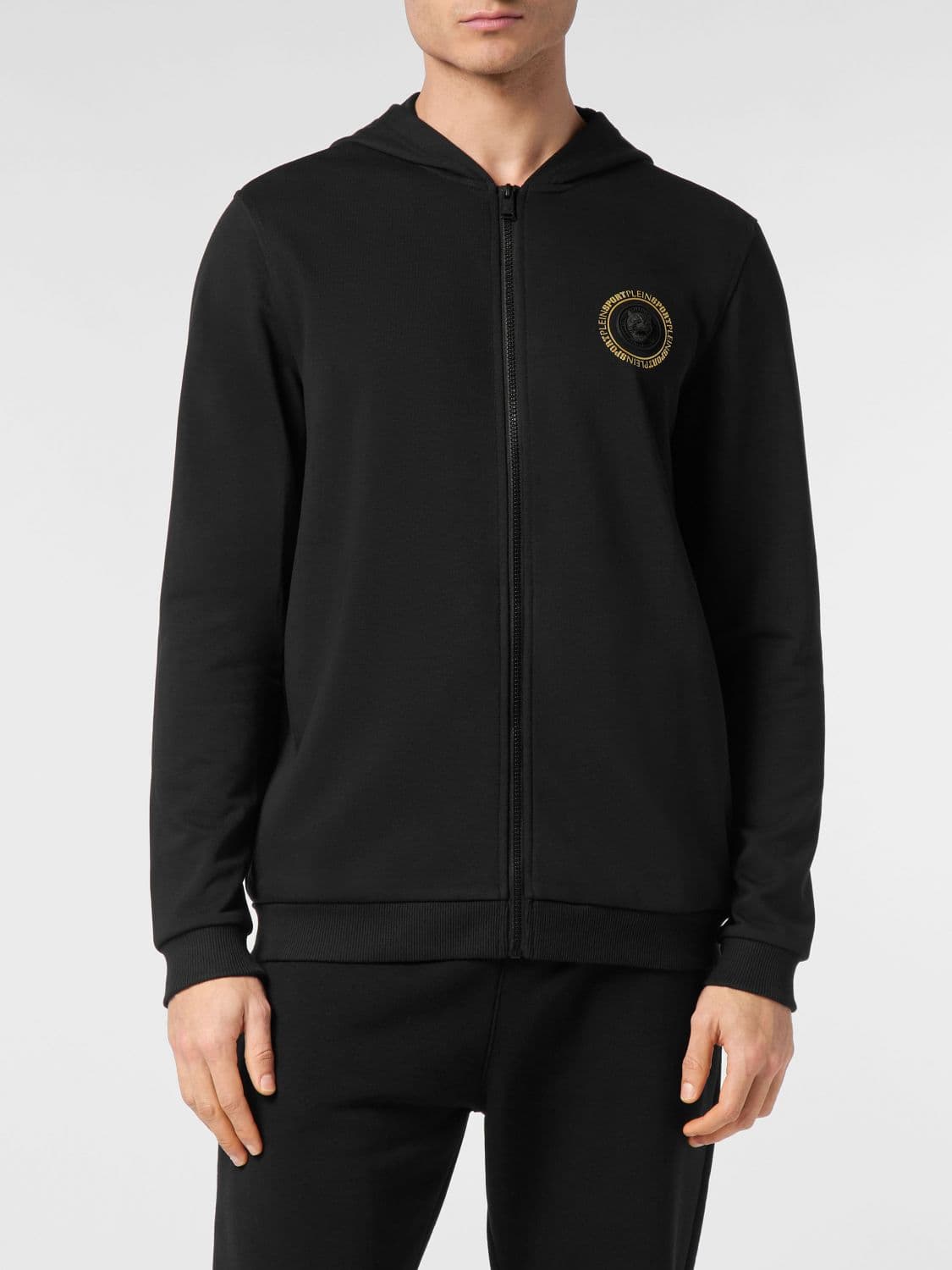 Plein Sport Zipped Jersey Hoodie with Contrast Logo and America Pockets