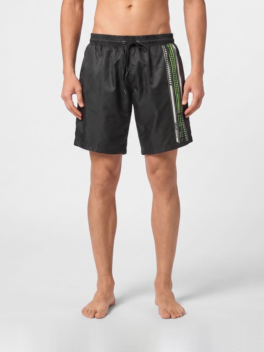 Plein Sport Striped Polyester Swim Shorts with Logo