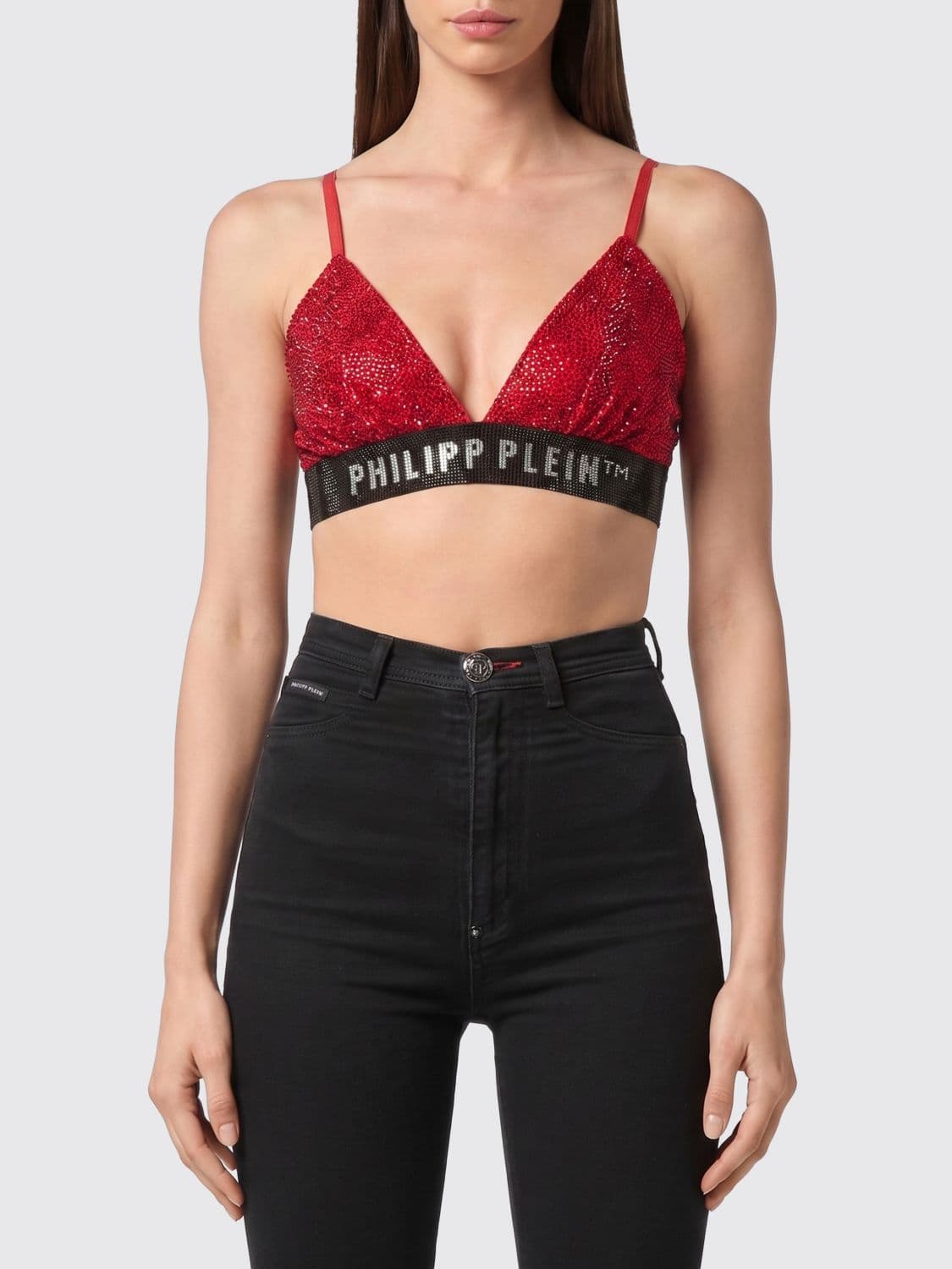 Philipp Plein Cropped Top with Thin Straps and Rhinestone Logo