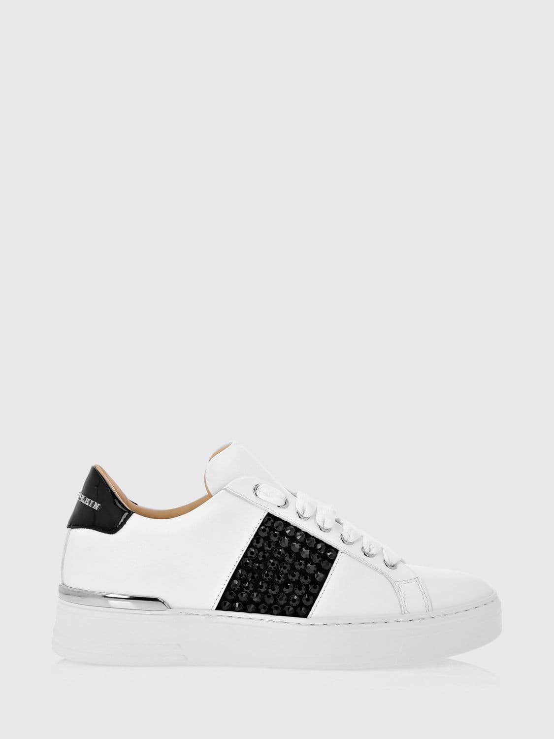 Philipp Plein Leather Low-Top Sneakers with Rhinestones and Abstract Embroidery