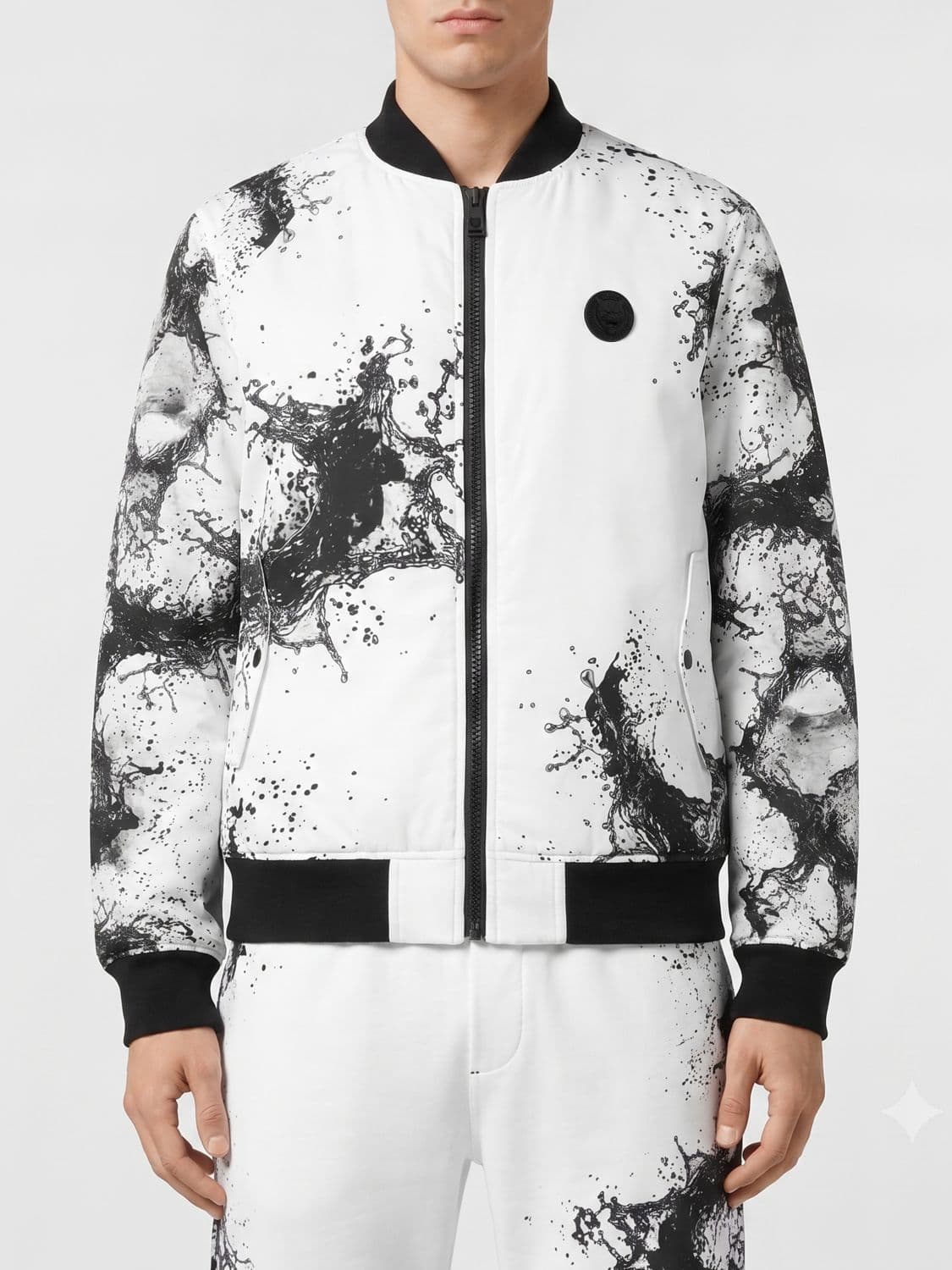 Plein Sport Splash Abstract Print Technical Fabric Bomber Jacket with Contrast Logo