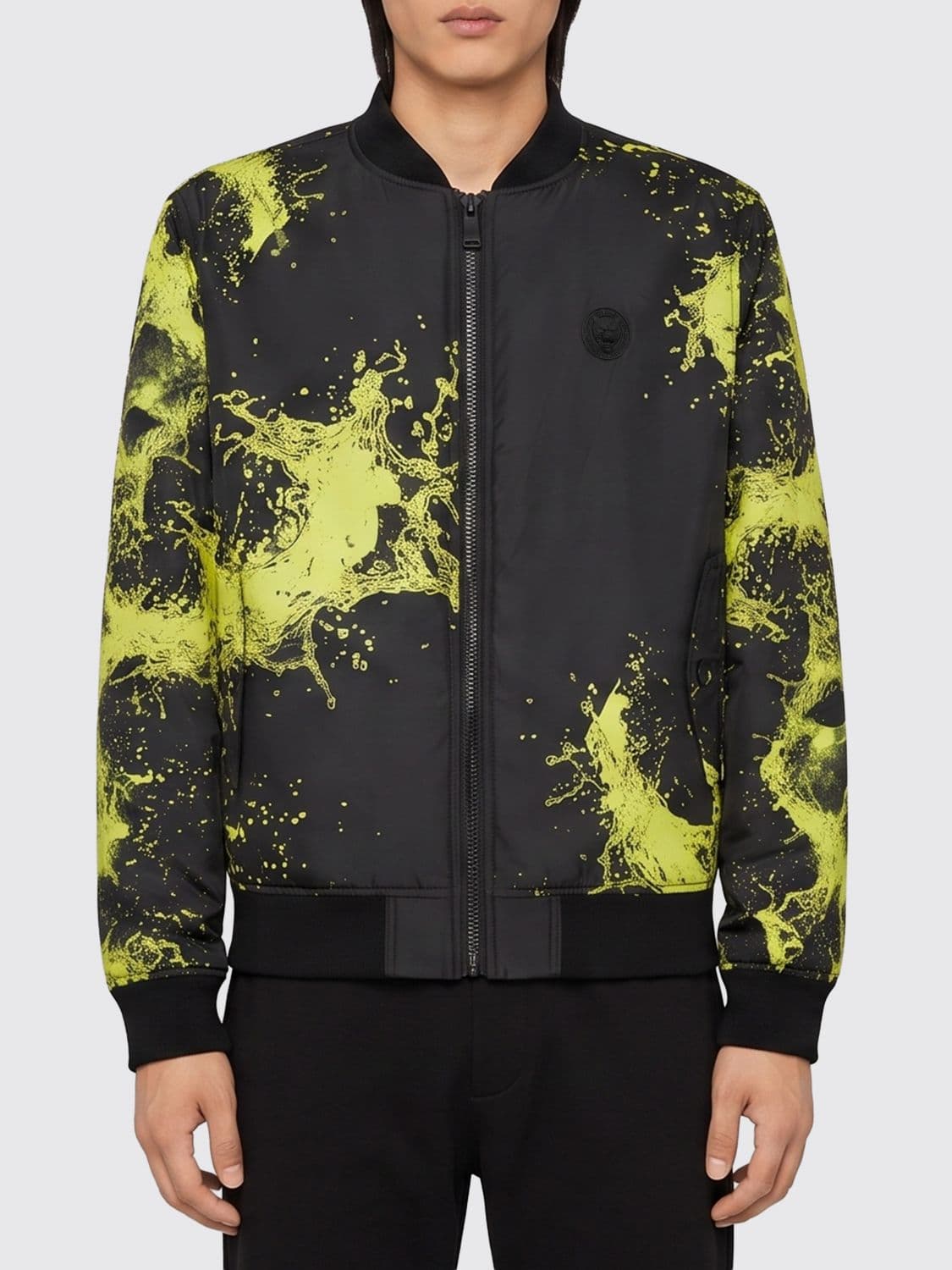 Plein Sport Splash Abstract Print Technical Fabric Bomber Jacket with Contrast Logo