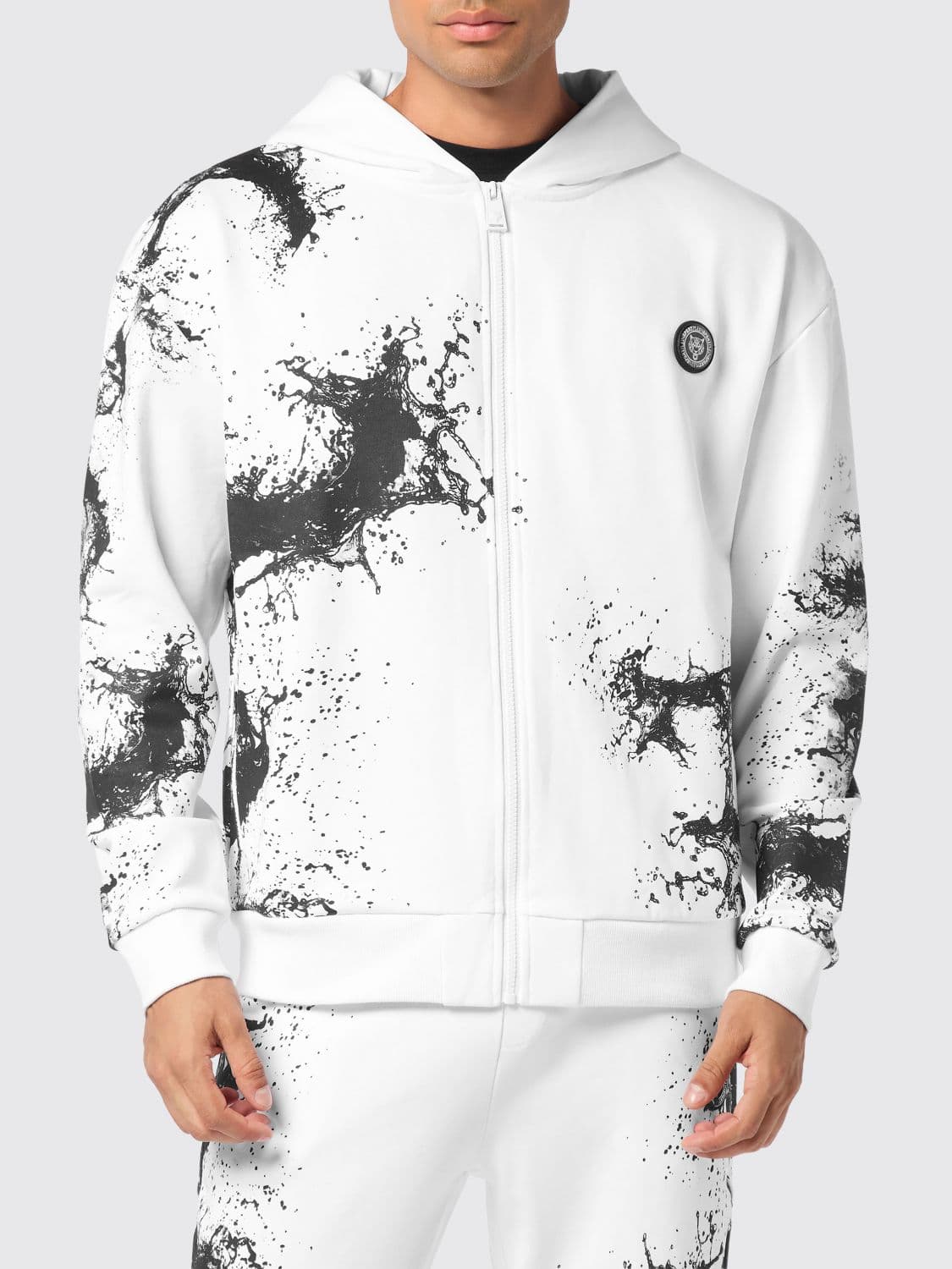 Plein Sport Splash Abstract Print Zip-Up Hooded Sweatshirt in Jersey