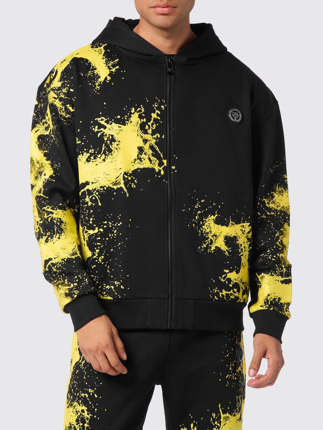 Plein Sport Splash Abstract Print Zip-Up Hooded Sweatshirt in Jersey