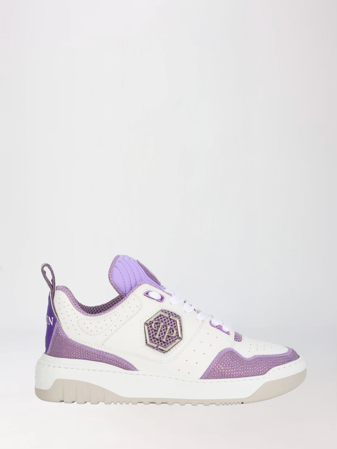 Philipp Plein High-Top Leather and Suede Sneakers with Crystal Monogram and Hexagon Logo