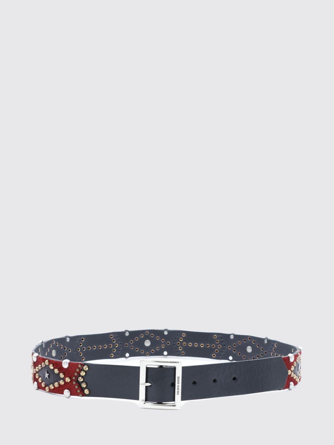 Golden Goose Leather and Pony Hair Belt with Studs and Embroidery