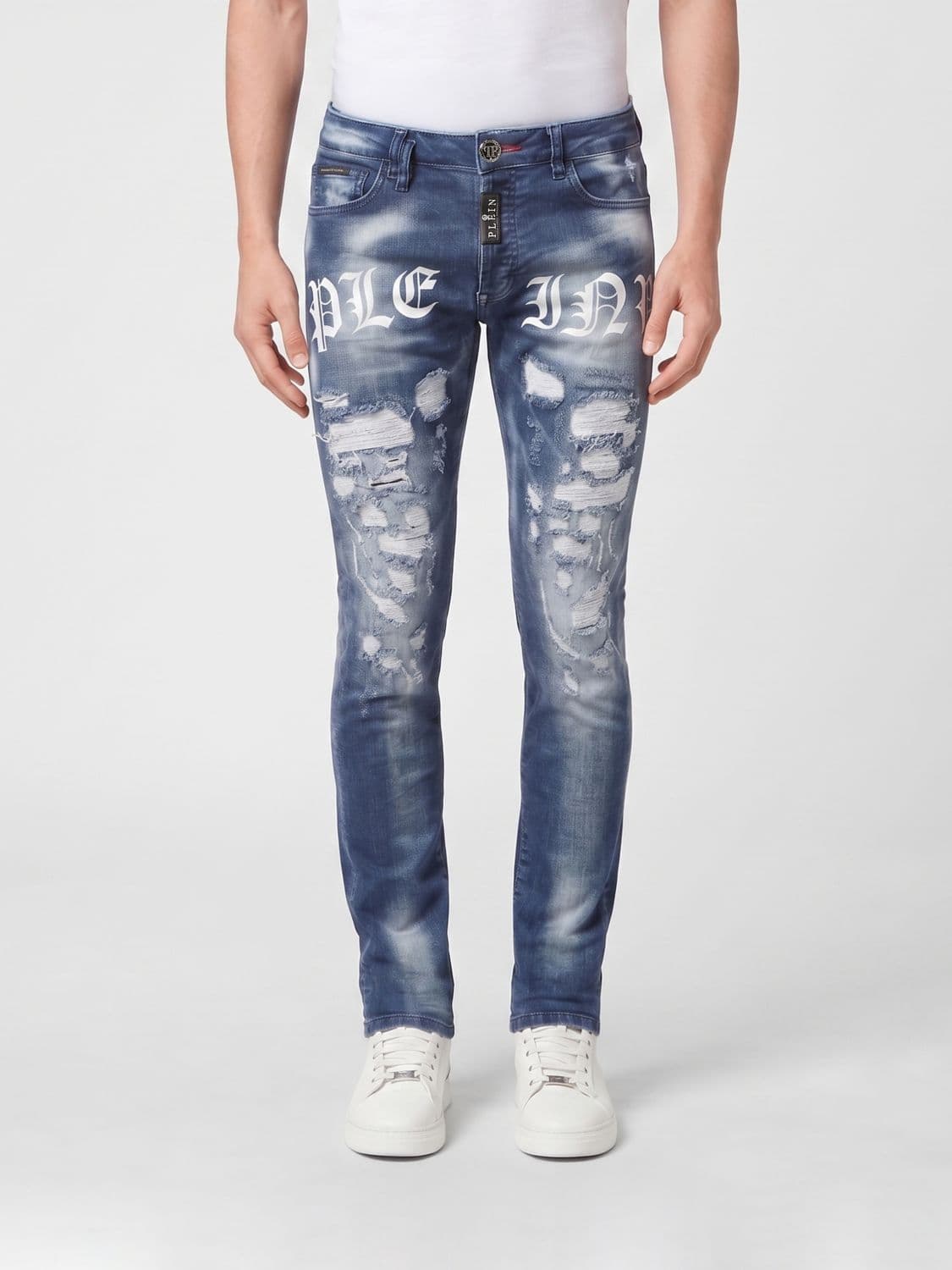 Philipp Plein Skinny Fit Distressed Denim Jeans with All-Over Logo Print