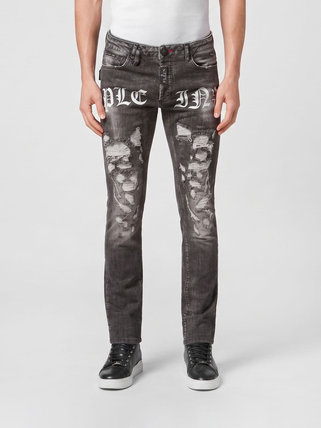 Philipp Plein Skinny Fit Distressed Denim Jeans with All-Over Logo Print