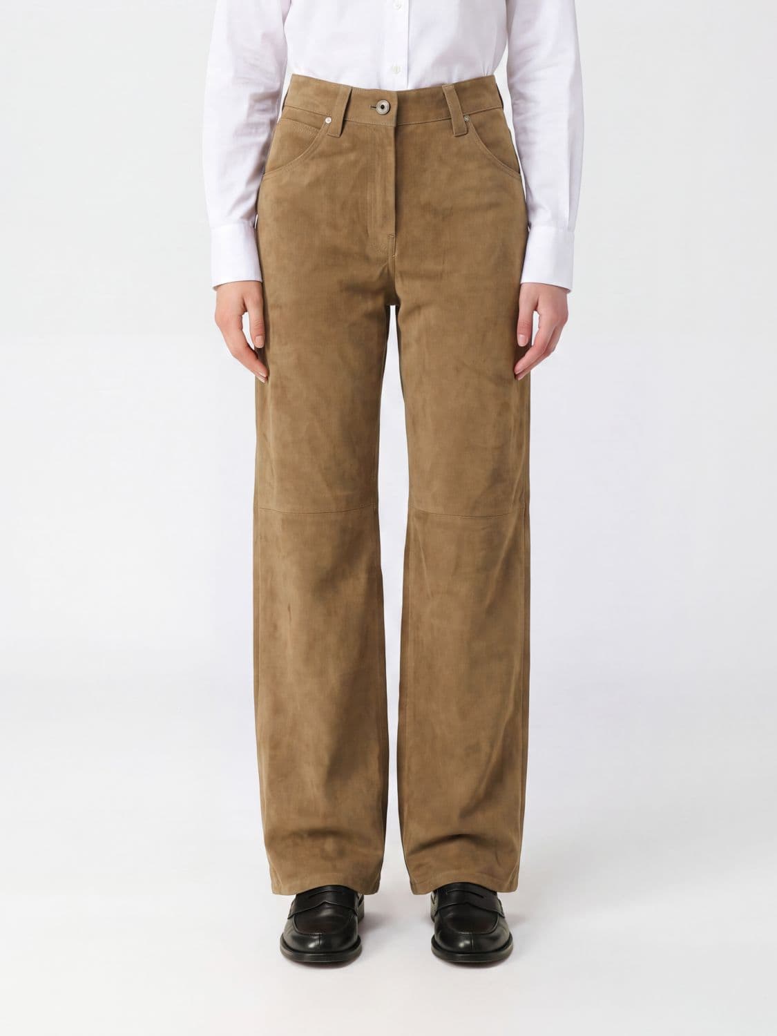 Brunello Cucinelli High-Waisted Straight-Leg Trousers in Suede with Monili · 38