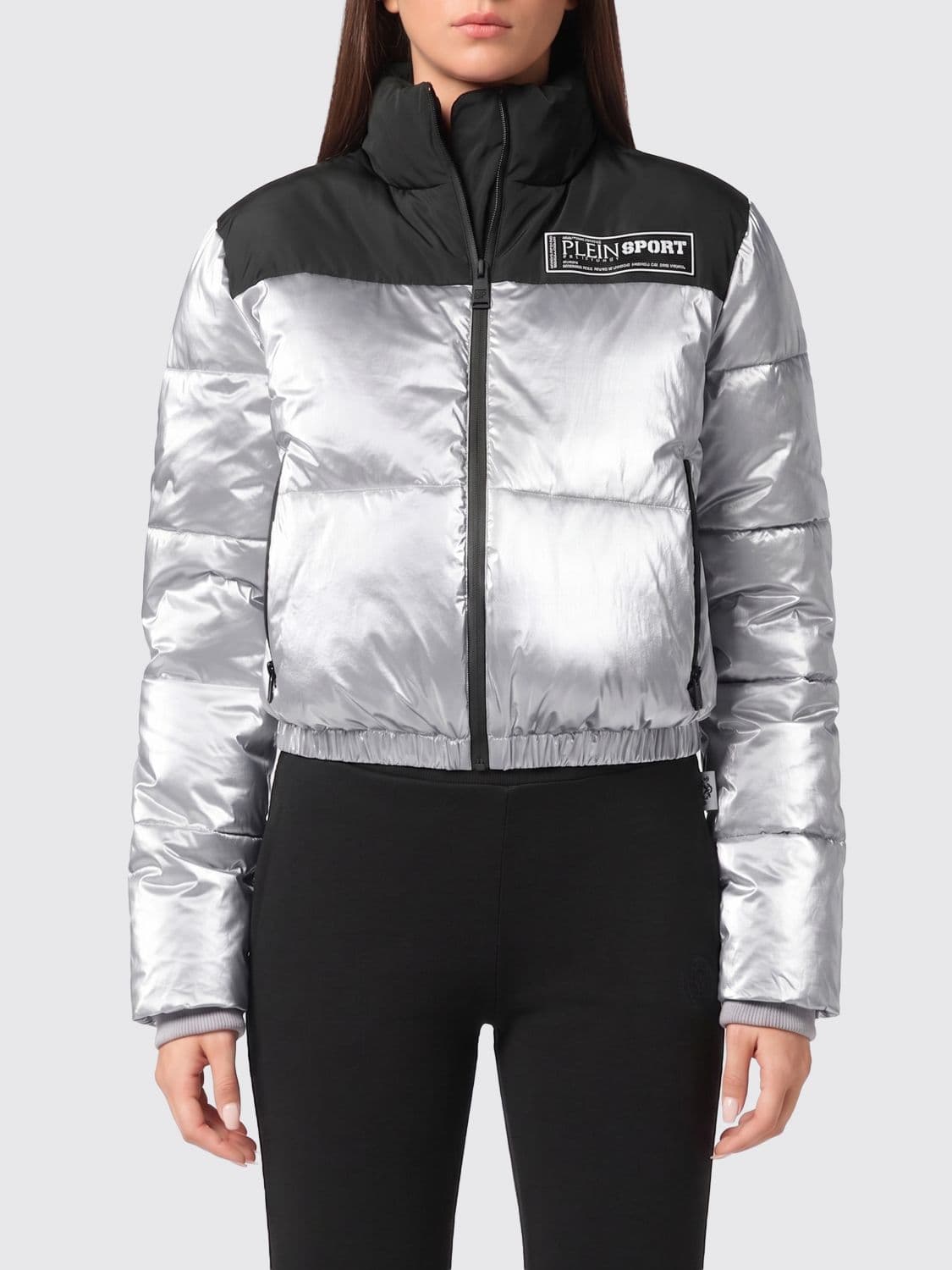 Plein Sport Bicolour Quilted Nylon Short Puffer Jacket with High Collar